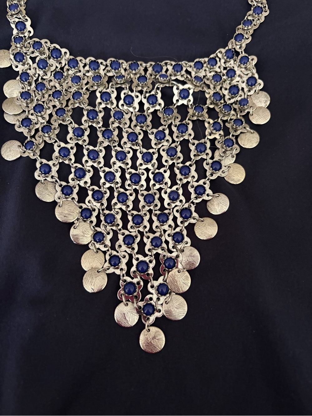 Chico’s Blue & Silver Statement Bib Necklace Mesh Adjustable